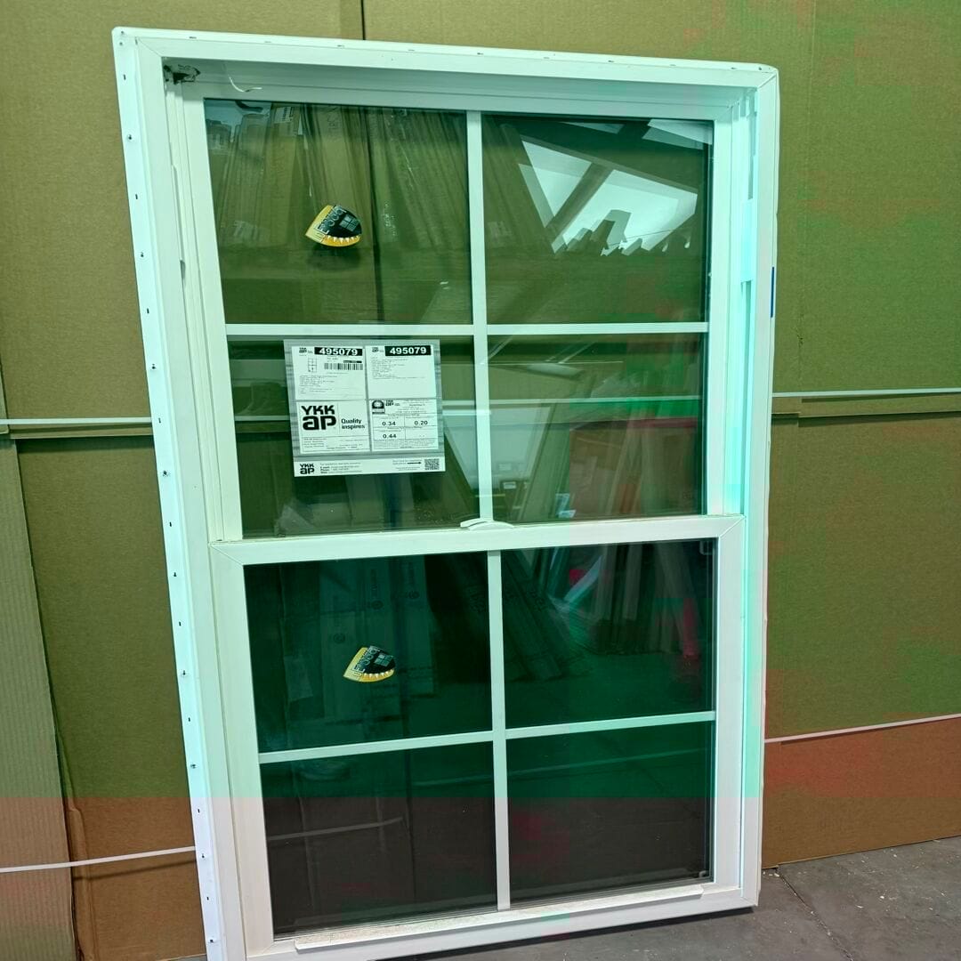 Single Hung Vinyl YKK Window Style view, Nail Fin, White, Good Condition, 4X4 grids, Clear glass